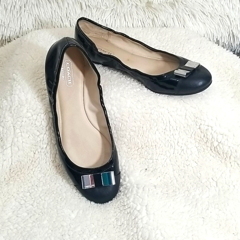 Coach black patent leather ballet flats shoes bow